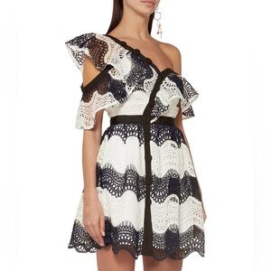 Self-Portrait Neavy blue white strip lace frill off shoulder mini dress US2 UK6